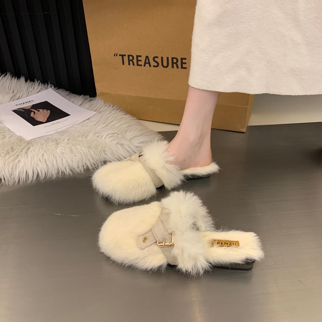 Flat bottom Internet celebrity plush small fragrant bag head fluffy half slippers women's autumn and winter wear 2025 new maternity cotton slippers