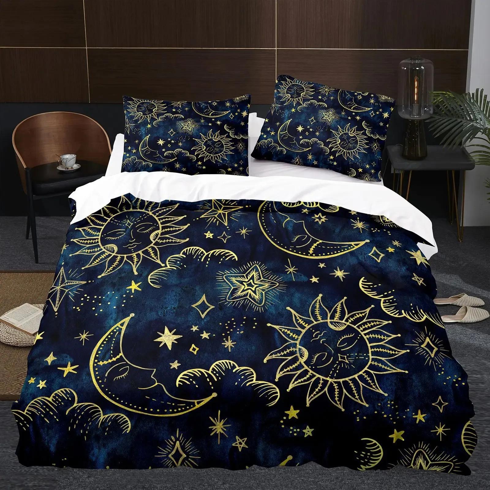 

Підодіяльник Sun Moon KingQueen Size, Galaxy Boho Exotic Комплект постільної білизни Black Gold Astrology Celestial Polyester Quilt Cover 70x133cm 2pcs