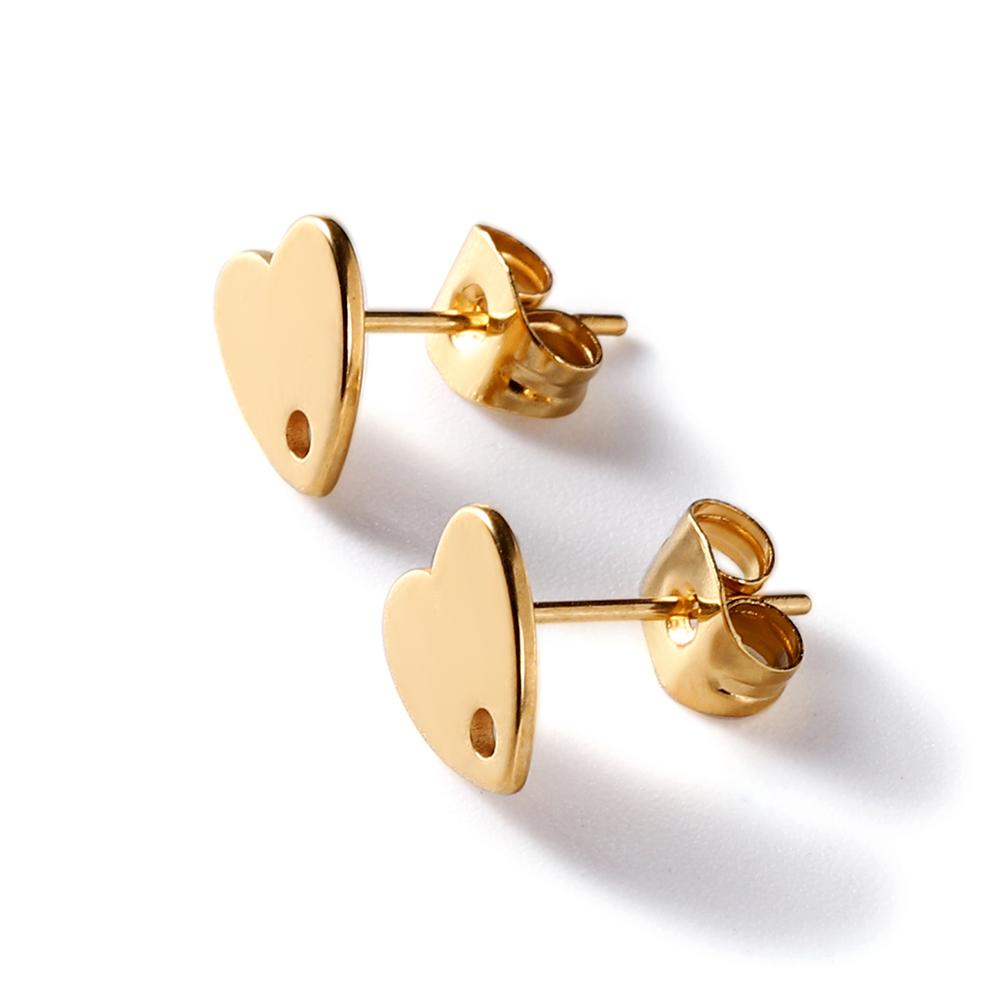 10pcs/lot Gold Color Stainless Steel Heart Drops Round Hole Ear Studs With Earring Plug For DIY Jewelry Making Accessories