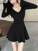 Elegant V-Neck Slim-Fit Knitted Dress for Women – Petite, Waist-Cinching A-Line Skirt, Perfect for Spring & Autumn as an Inner or Base Layer
