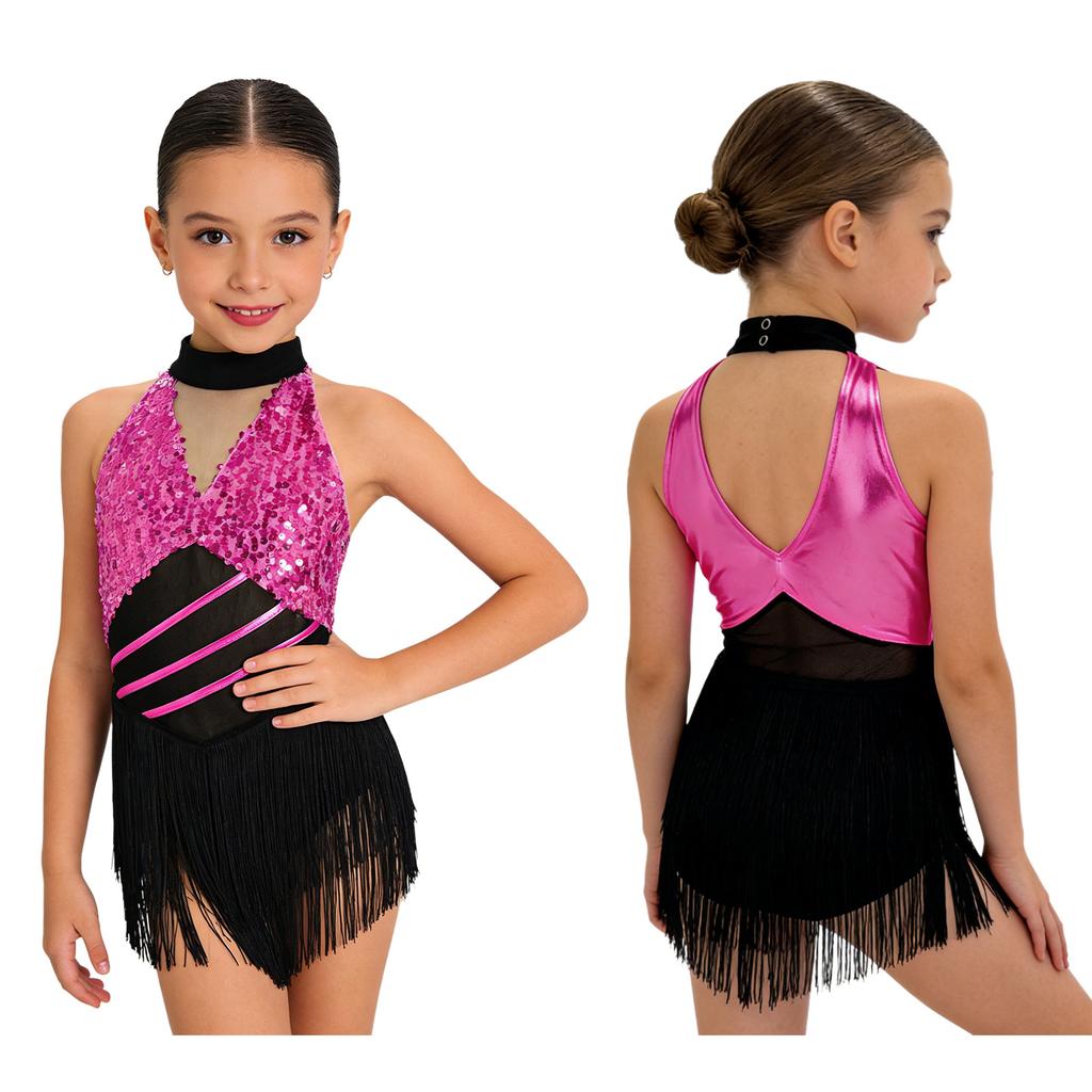 Mädchen Cha-cha Salsa Performance-Leotard: Ärmelloses Neckholder-Kleid mit Pailletten und Fransen, Netz-Taille, Schlüsselloch, Metallic-Rücken für Bühnenkostüm