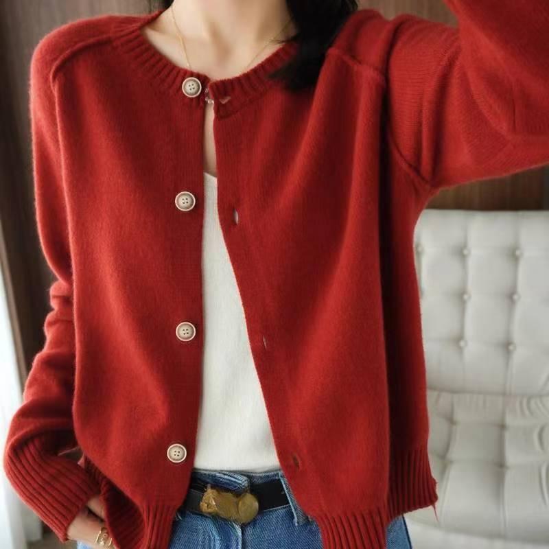 Round Neck Knitted Cardigan Women's Loose Sweater Jacket Short Style Solid Color Casual Long Sleeved Sweater Jacket Autumn