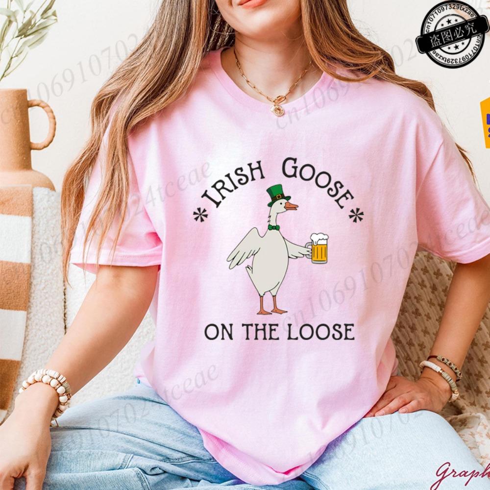 Lucky Goose on The Loose Printed Tshirt Shirt for Women St Patrick's Day T-Shirts Short Sleeve Drinking Goose Fashion Tops Tees