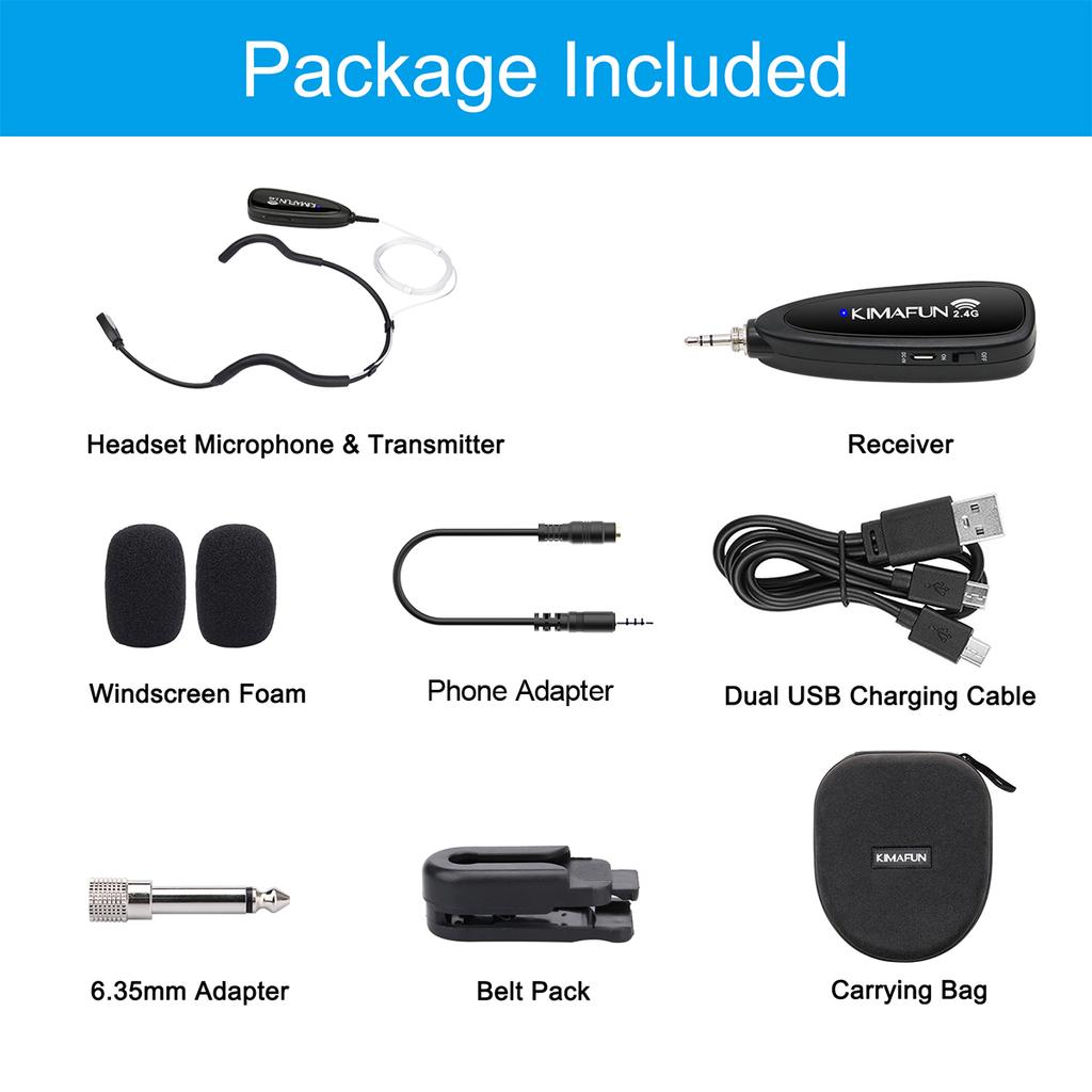 KIMAFUN 2.4G Wireless Headset Microphone Waterproof Sweatproof Mic for Fitness Coach Yoga Dance Teacher School Classroom Speaker