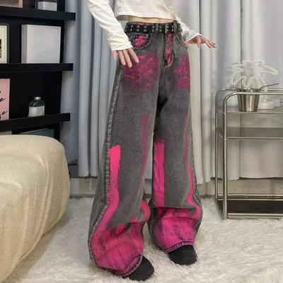 Women Jeans Vintage Pink Graffiti Wide Leg Loose Contrast Color Denim Pants Zipper Button Closure Hip Hop Streetwear Straight Trousers