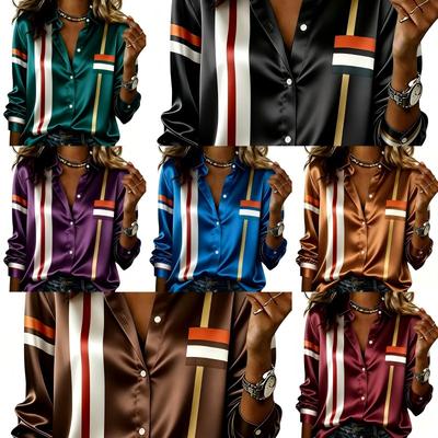 Women Satin Long Sleeve Shirt Color Block Vertical Stripe Print Blouse Lapel Single Breasted Loose Office Tops