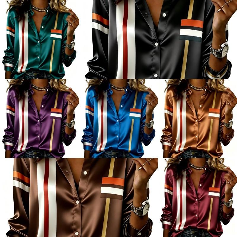 Women Satin Long Sleeve Shirt Color Block Vertical Stripe Print Blouse Lapel Single Breasted Loose Office Tops
