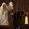 Halloween Wizard Holding Lanterns Sculpture with Intricate Carving Weather Resistant Resins Ornament For Mystical Displays