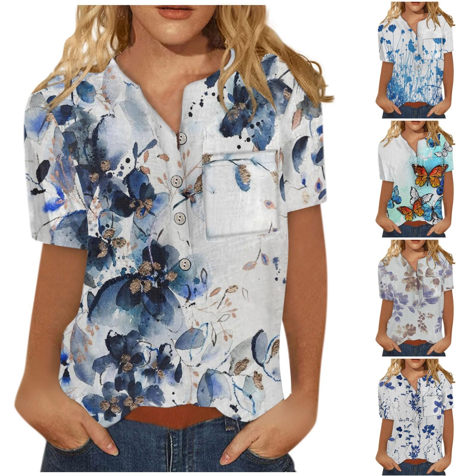 

Женские летние повседневные модные хлопковые льняные женские рубашки с короткими рукавами и принтом, топы