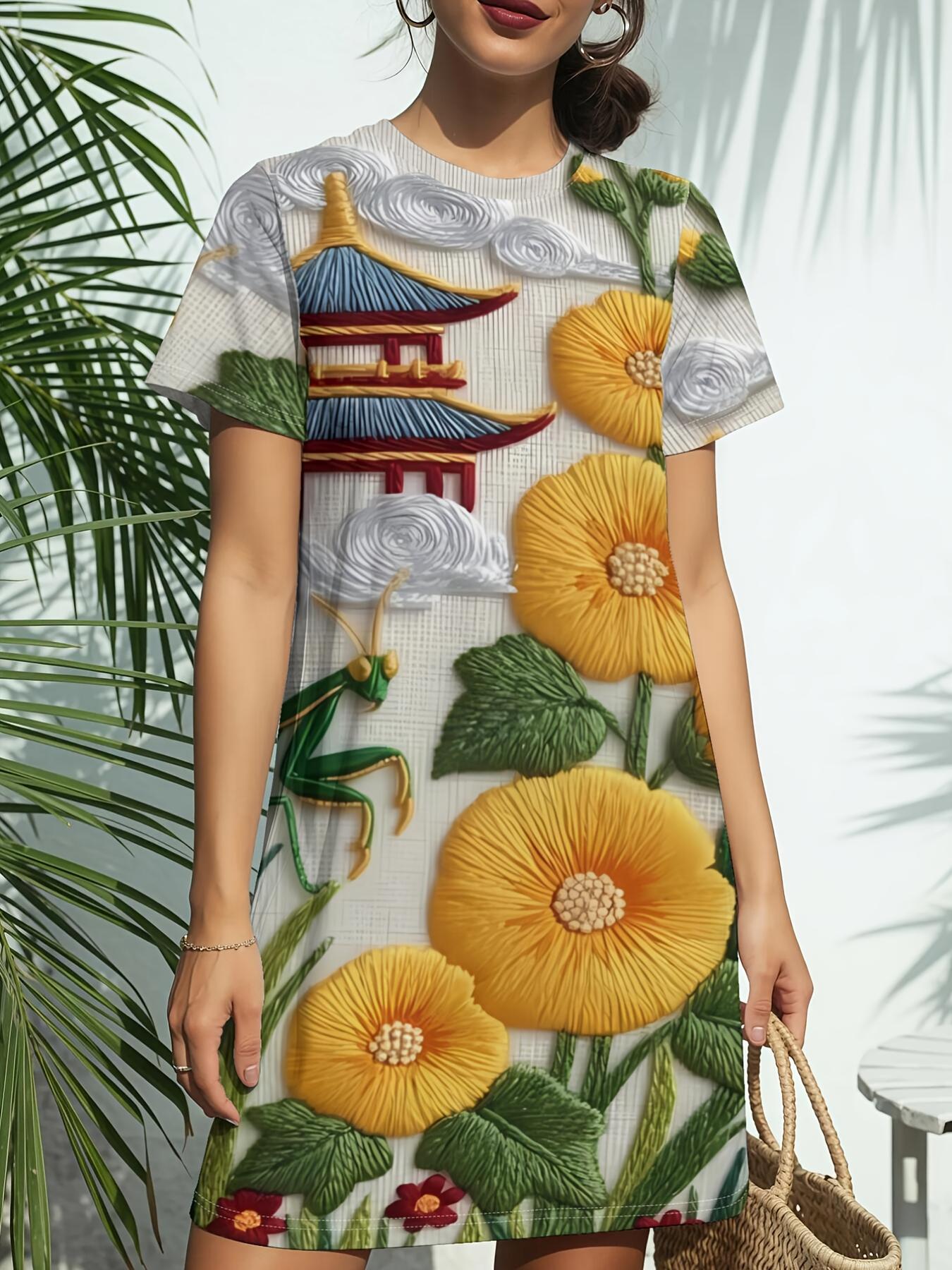 

The Pagoda Blooms Women S New Round-Neck Short-Sleeve Dress T-Shirt Features American Fashion Trends with Digital Prints. Perfect for Casual Spring An 2XL дубильна кора