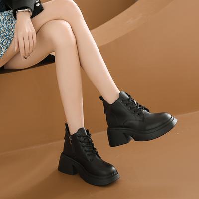 Bottes à talons épais pour femmes, nouvelles bottes à la mode pour le printemps et l'automne, bout rond, couleur unie, talon moyen, bottes courtes à fermeture éclair pour femmes