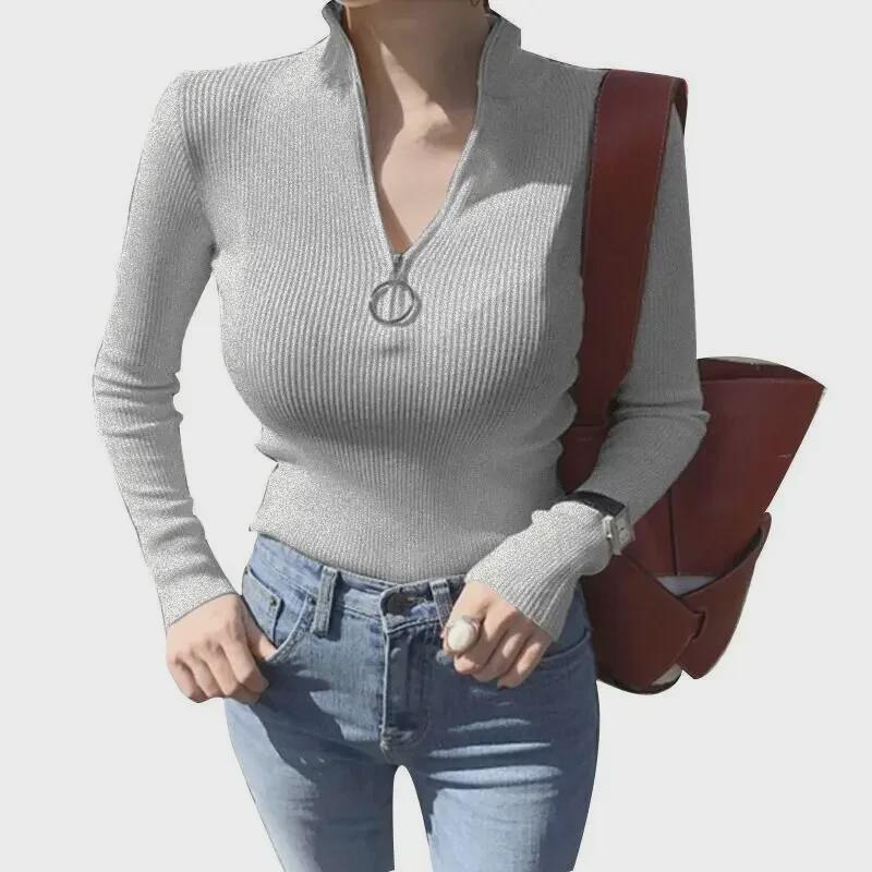 Women's Knitted Bottoming Shirt: Soft Half-High Collar, Short Tight-Fit, Ring Zipper, Thick Long-Sleeve Sweater for Autumn/Winter.