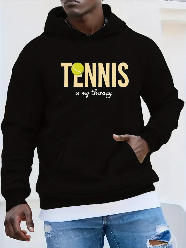 Plus Size "Tennis is My Therapy" Graphic Hoodie - Red Casual Loose Fit Long Sleeve Sweatshirt with Front Pocket