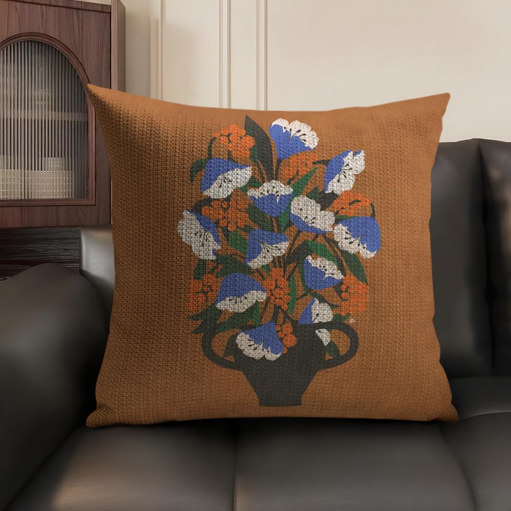 Classic Vintage Vase Cushion Cover Natural Linen Organic Fabric DoubleSided Printing Sofa Home Decor Breathable Environmentally