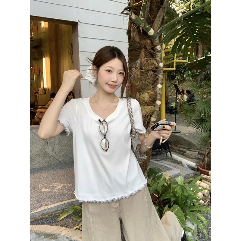 

Summer 2026 Plus Size Women s Sweet Contrast Ruffle T-shirt XL белый