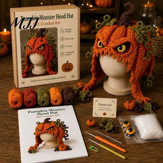 Halloween Cosplay Hat Kit Fantasy Hood Crochet Kit, Cute Animal DIY Dragon Unicorn Making Supplies Skull Earflap Craft for Adults, Handmade
