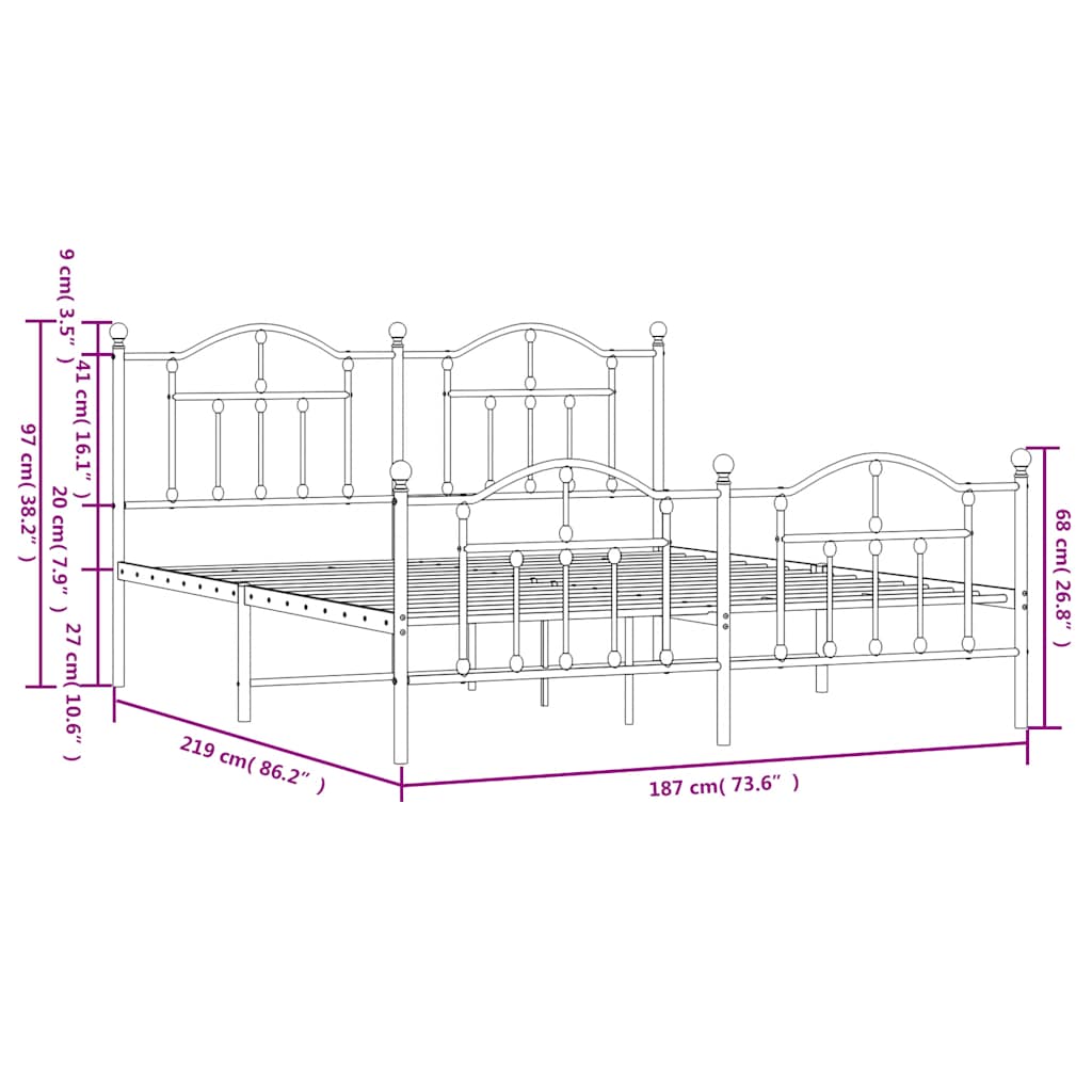 Metal Bed Frame with Headboard and Footboard White 183 x 213 cm