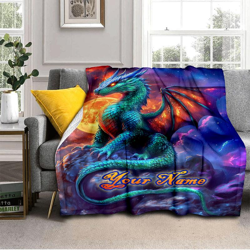 1PC Custom Name Fantasy Dragon Moon Night Flannel Blanket Versatile,all-season Throw Suitable for the Living Room,bedroom,camping,travel,and Gift