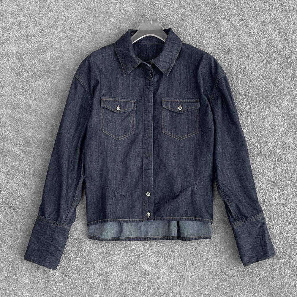 

RA Women s Denim Waist-Hugging Drop-Shoulder Shirt - American Retro Workwear Top Medium