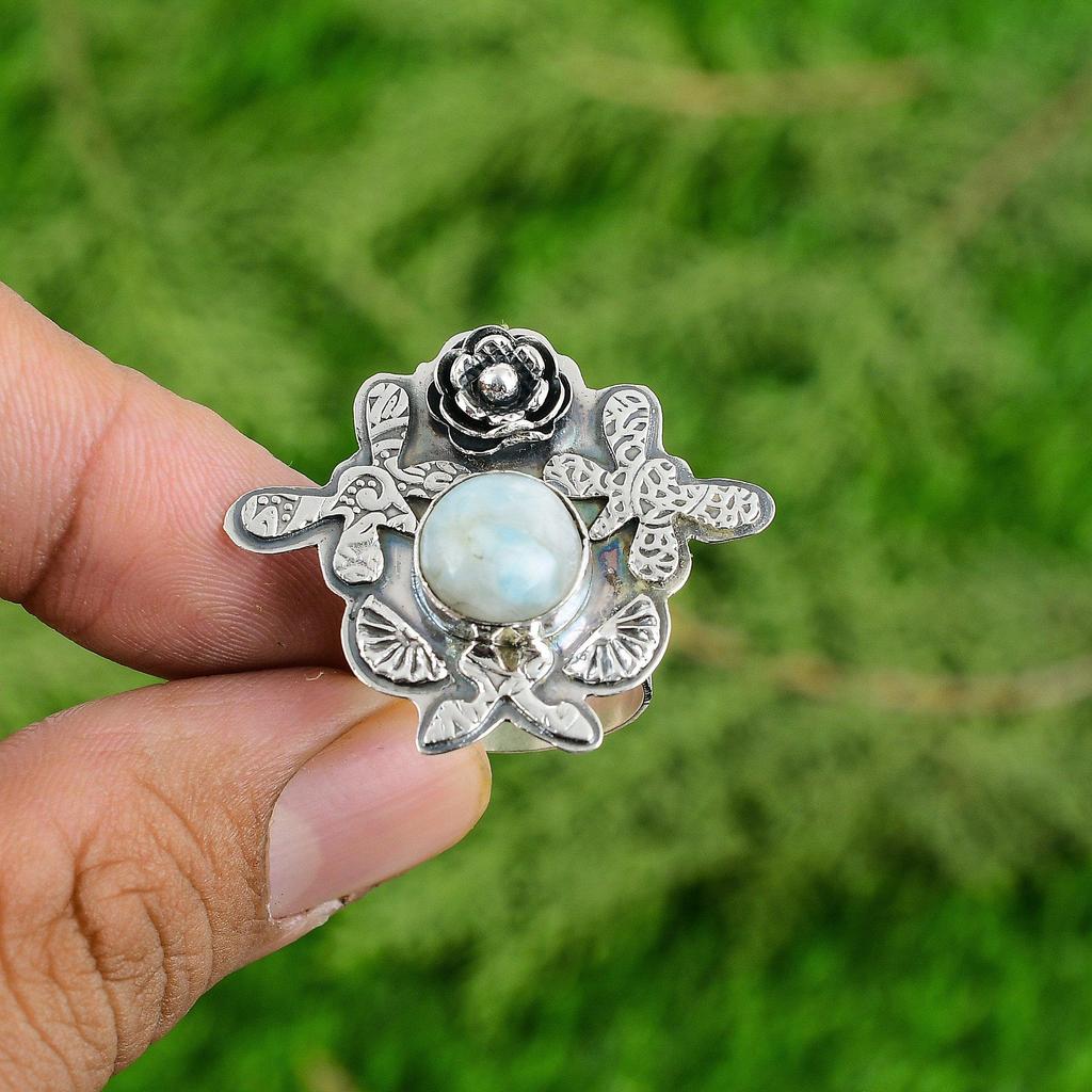 925 Silver Larimar Gemstone Birthday Statement Anniversary Flower Ring Jewelry