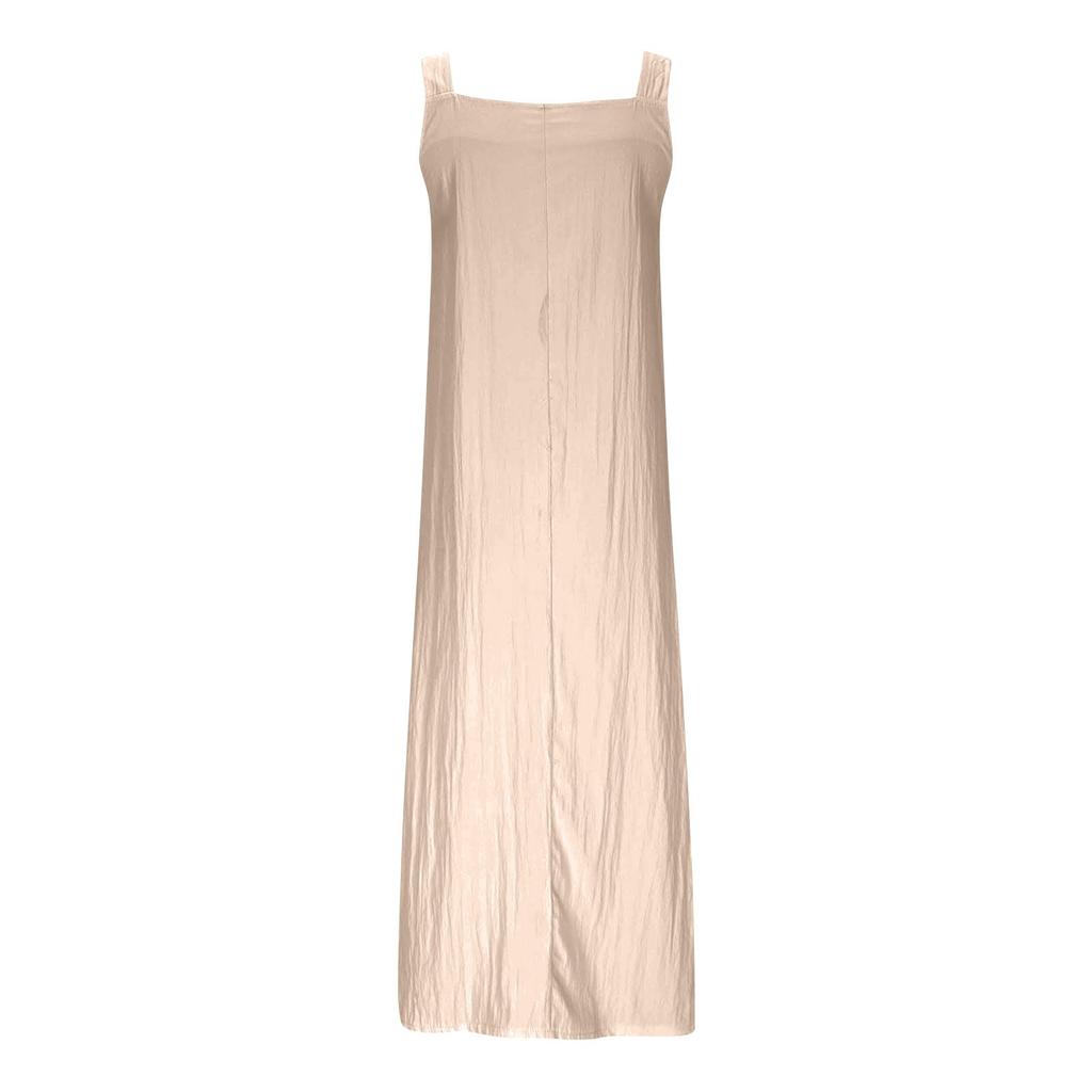 Women's Fashionable Color Square Neck Adjustable Shoulder Strap Casual Cotton And Linen Long Dress