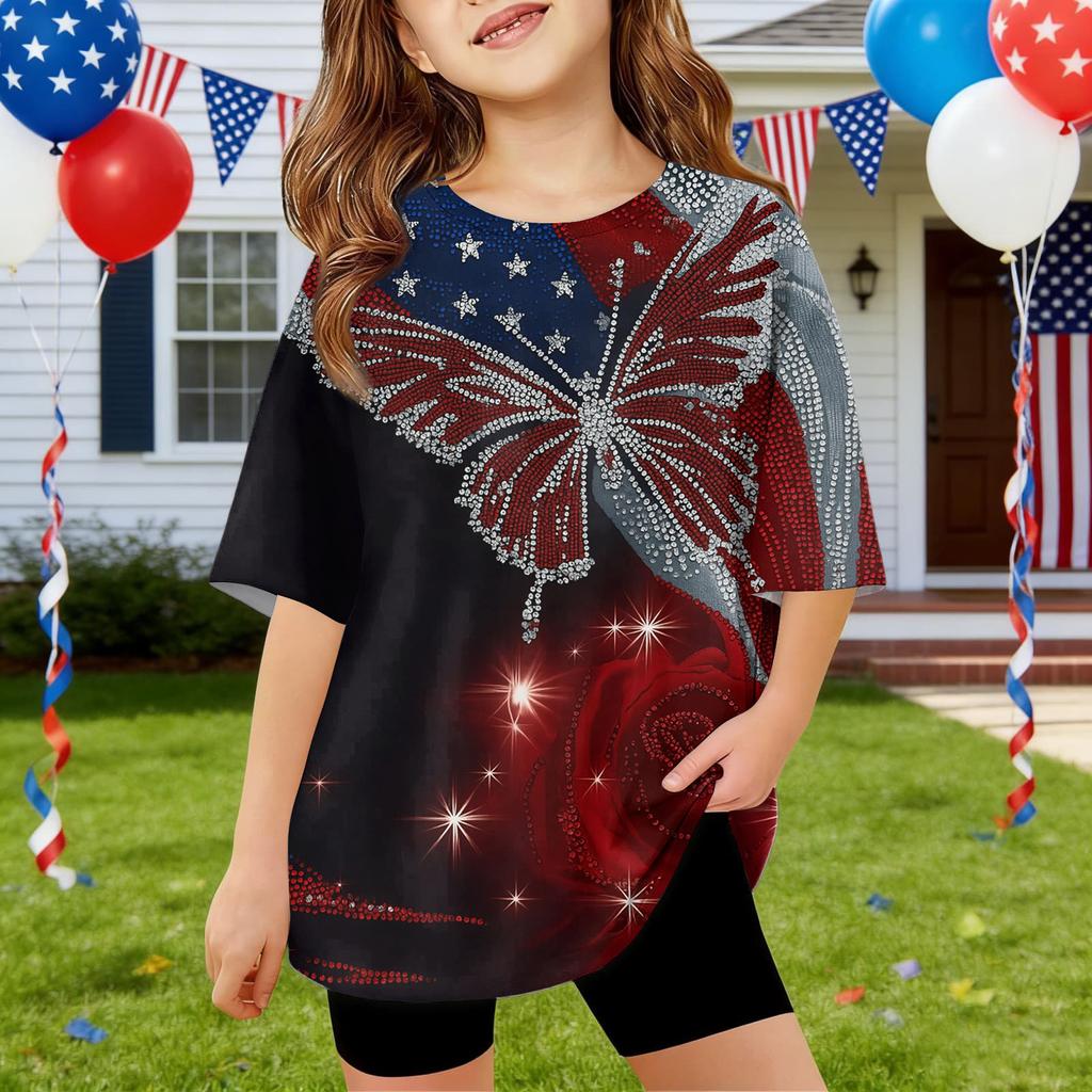 Kids Independence Day Print Round Neck Short Sleeve Casual T-shirt