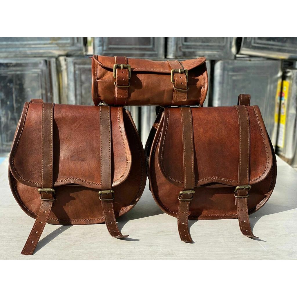 Combo Motorcycle Saddle 3 Side Bags Vintage Leather Swing Arm Luggage Tool Pouch