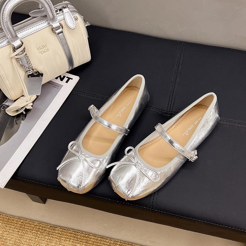 Silver Flat Ballet Single Shoes Women's New Temperament Bow Word with Mary Jane Shoes