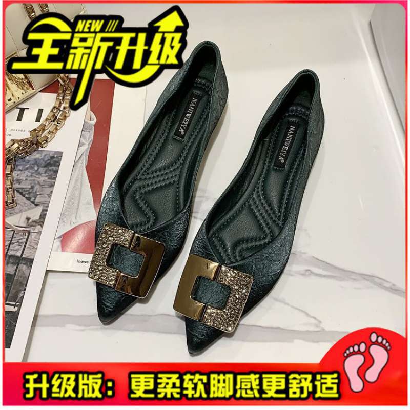 Ins Single Shoes Girl 2025 Spring New Korean Version Fairy Style Metal Buckle Pointed Tip Laden Shoes Soft Sole Foot Doudou Shoes