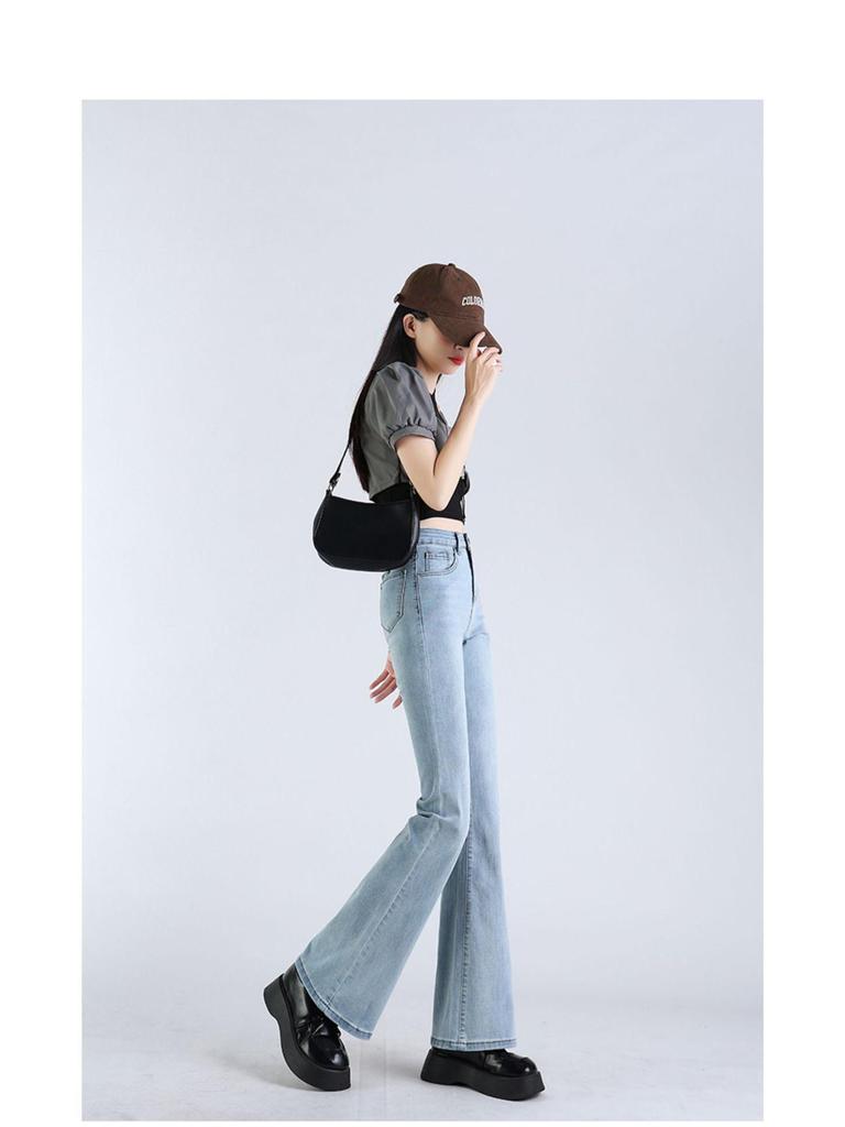 Women's High-Waisted Light Blue Micro-Flared Jeans - 2024 Spring/Autumn Versatile Long Pants.