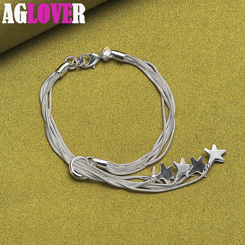 925 Sterling Silver Five Solid Starfish Snake Chain Bracelet Jewelry