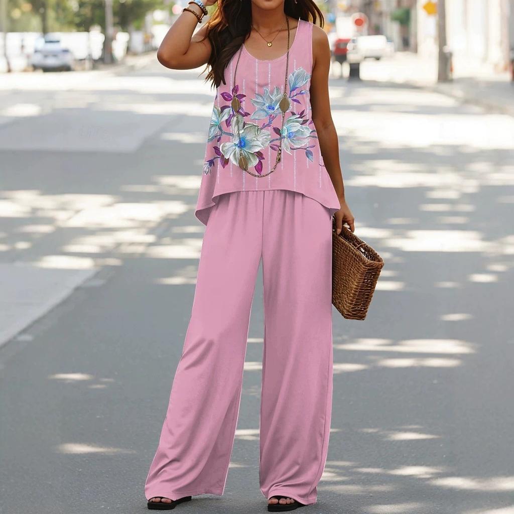 Temu spring and summer new European and American fashion women's clothing abstract printing sleeveless vest wide-leg pants set