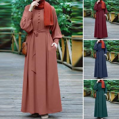 Autumn Women's Solid Colour Collage Four Side Stretch Muslim Long Sleeve Dresses