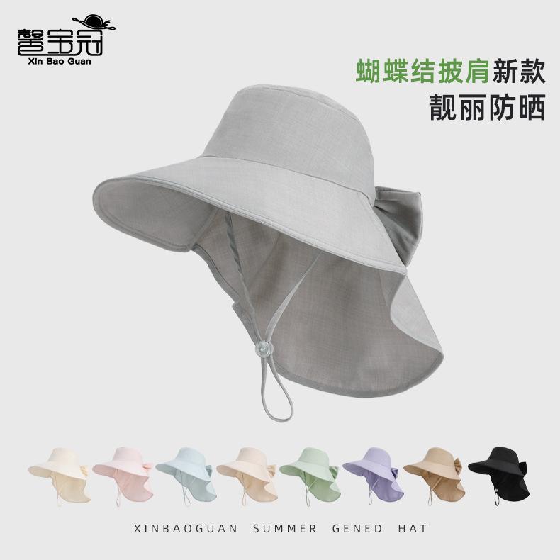Spring and summer big eaves shawl neck protector bucket hat fashion hat women's outdoor sun hat with ponytail hole