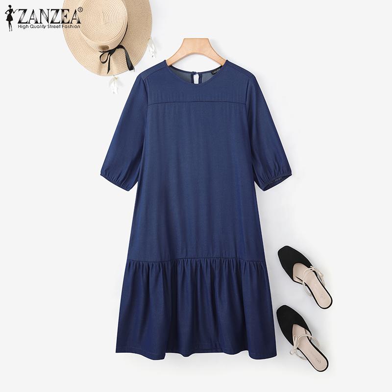 ZANZEA Women Casual Round Neck Half Sleeve Loose Dress