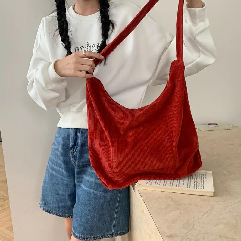 Large Capacity Women's Shoulder Bag Retro Corduroy Female Commute Shopping Bags Solid Color Ladies Simple Tote Purse Handbags