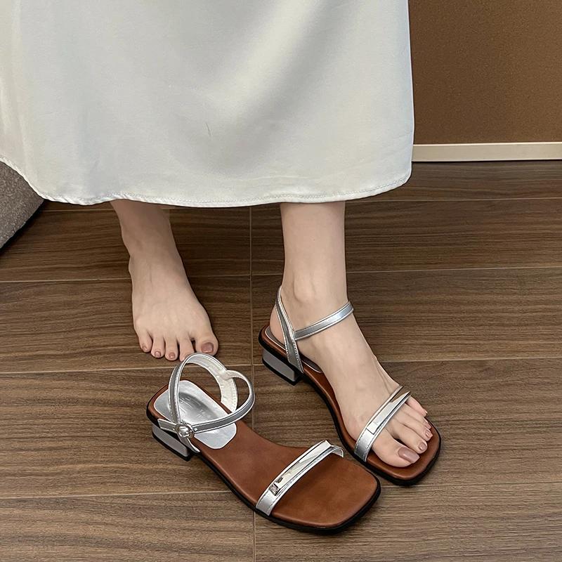 Fashion 2025Block Heel Explosive Straight Strap Sandals Women's Summer New Simple Square Toe Open Toe Square Heel Shoes