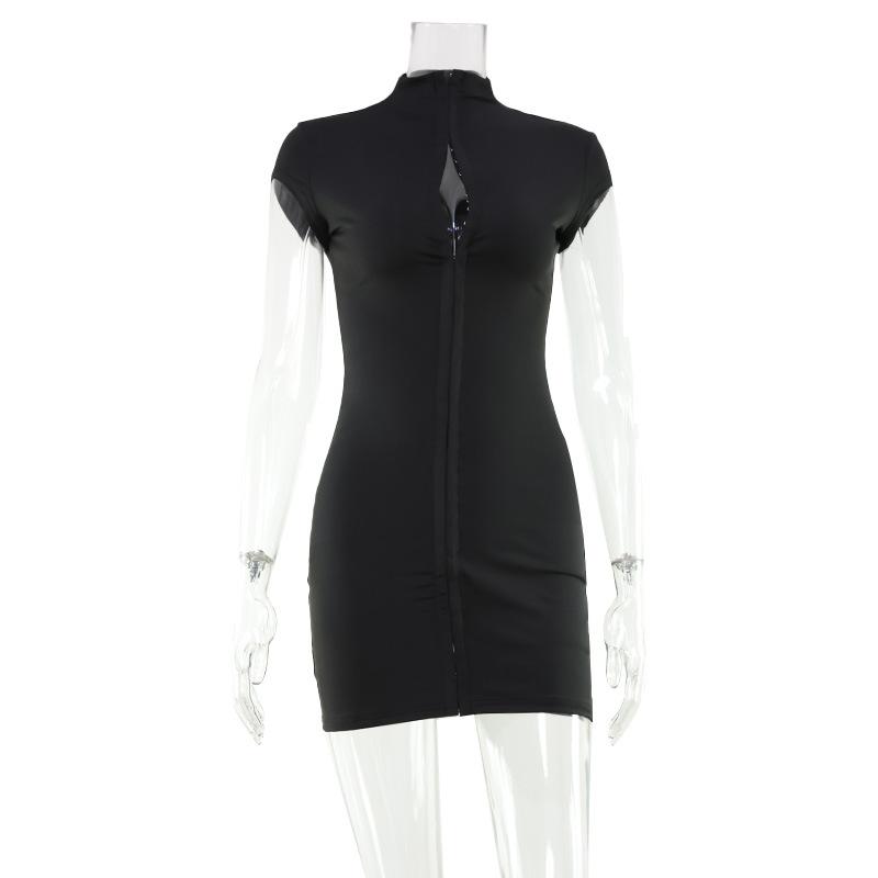 Womens Short Sleeve Bodycon Dress Zip Front V Neck Solid Black Mini Dress S чёрный