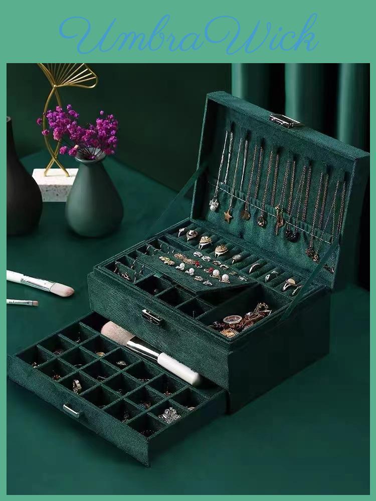 High-end Three-layer Green Jewelry Box With Lock Velvet Earrings Necklaces Bracelets Storage Box Large Capacity