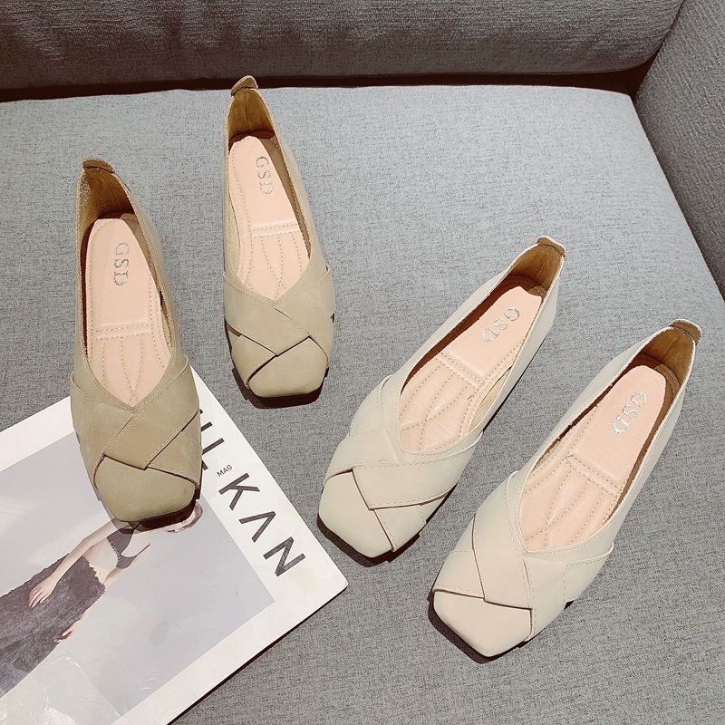 Single shoes summer and autumn square head comfortable versatile apricot light mouth one-pedal single shoes