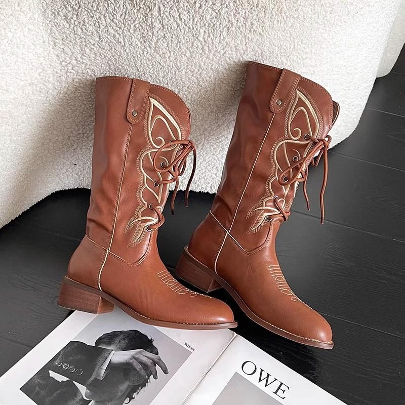 Cowhide Edition~ Cowhide Embroidery Western Cowboy Boots Women's 2025 Autumn and Winter Brown Cowboy Martin Boots Wasteland Knight Boots