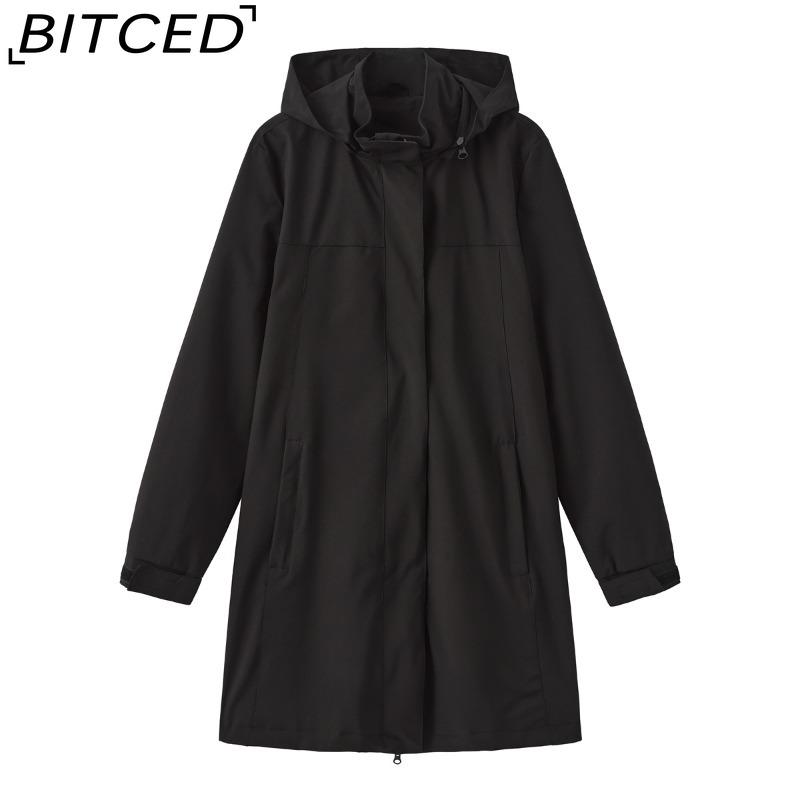 

BITCED Spring/Autumn Detachable-Peak Cap Water-Resistant Trench Coat for Women Solid Colour Long-Sleeved Lightweight Jacket S чёрный