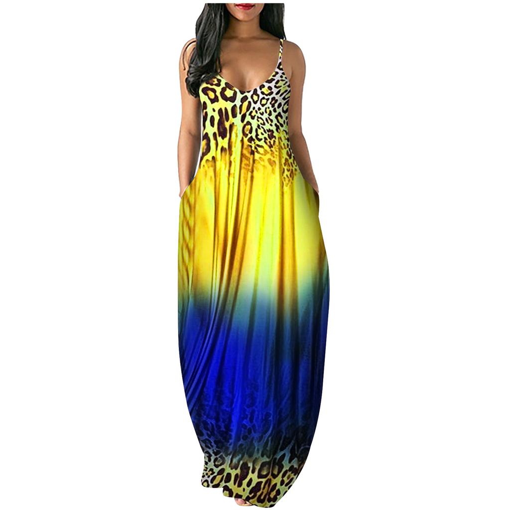 Sommer damekjole Uformelt trykt kjole Gradientfarger Halter lange løse kjoler