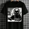 [Black Cat T-Shirt] Relaxed Fit Black Casual Cat Graphic T-Shirt | Short Sleeve Crew Neck, Summer Style, Polyester Blend
