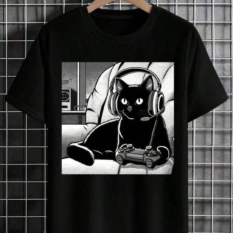 [Black Cat T-Shirt] Relaxed Fit Black Casual Cat Graphic T-Shirt | Short Sleeve Crew Neck, Summer Style, Polyester Blend XS чёрный