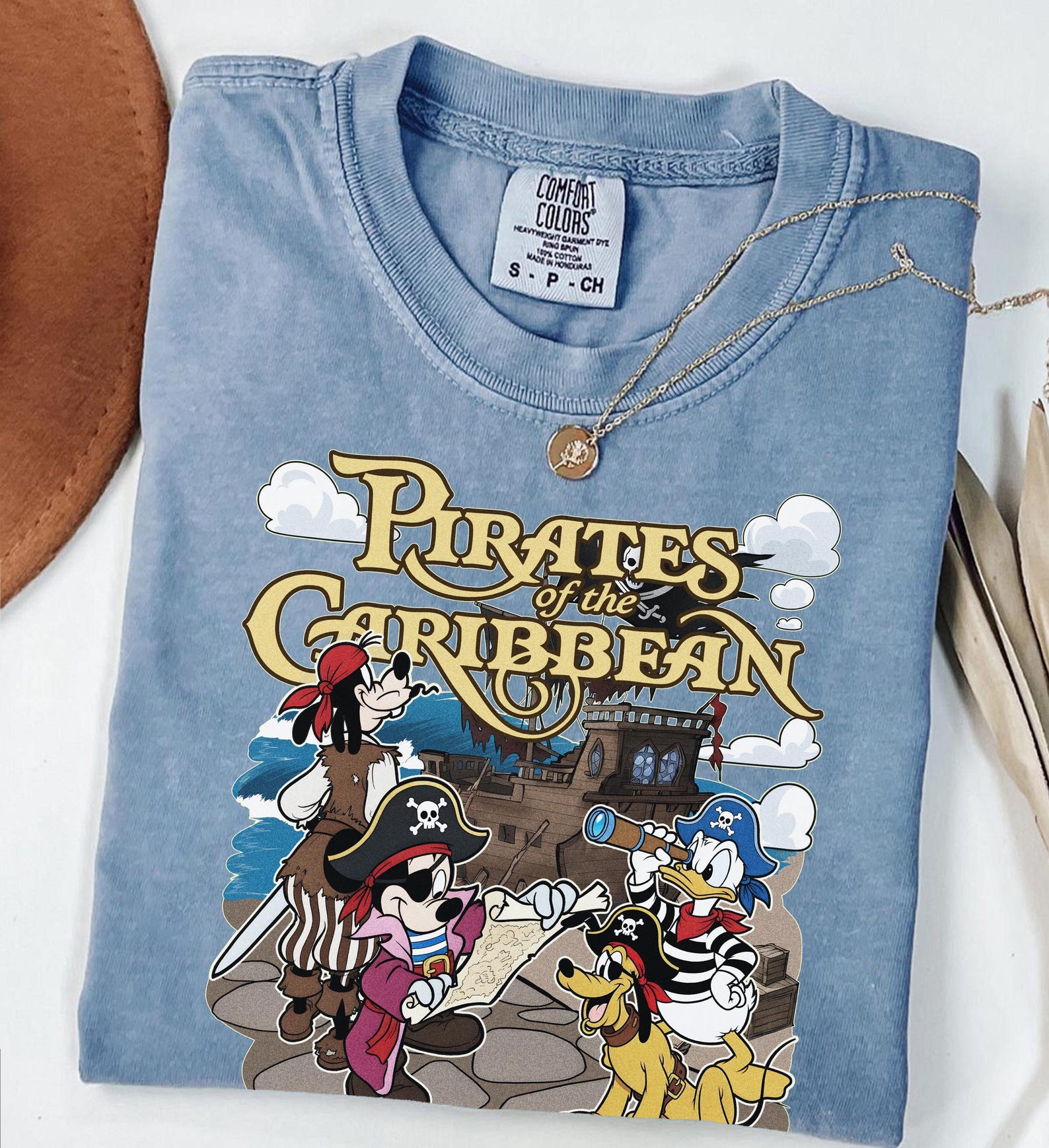 Pirates of the Caribbean Mickey Donald Goofy Pluto Comfort Colors Tee, Disneyland Gift L