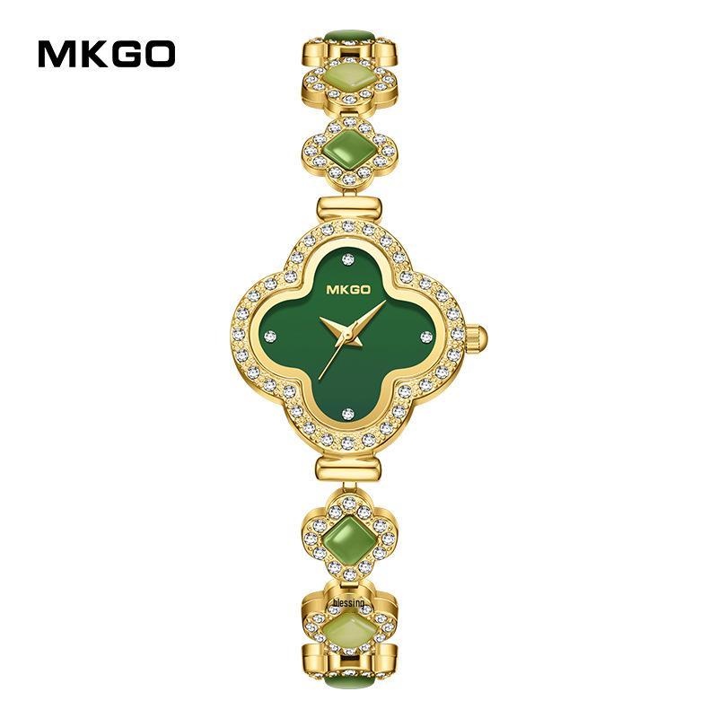 MOKAGO Women s Fashion Four-Leaf Clover Jade Bracelet Watch with Inlaid Diamond