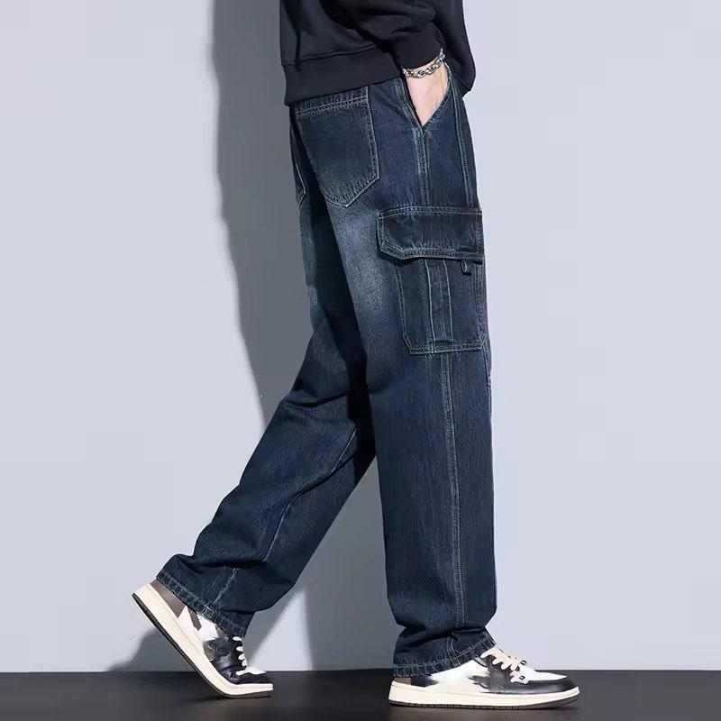 Men's Cotton Straight Cargo Jeans Trendy Multi-pocket Nostalgic Loose Trousers Man American Vintage Fashion Denim Pants