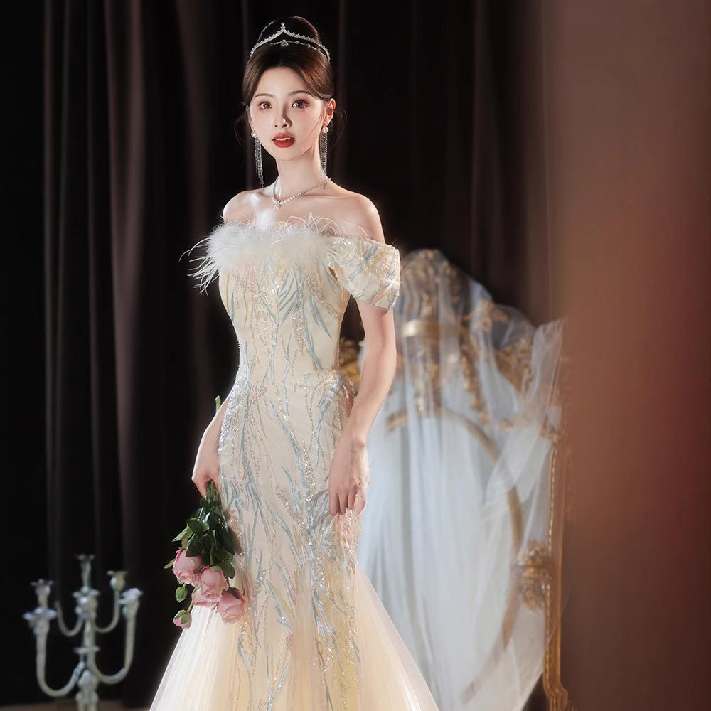One-word shoulder fishtail evening dress light luxury niche banquet beautiful high sense adult ceremony host dress