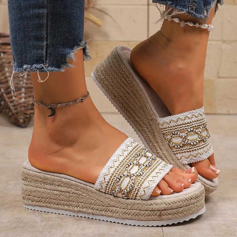 Fashion New Summer Espadrilles Platform Slippers Women Bohemian Style Gold Striped Wedges Sandals Woman Thick Sole Casual Beach Slippers